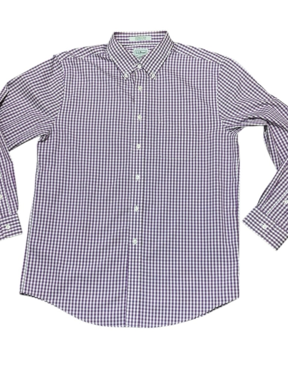 LL BEAN Mens Shirt 16 34 Wrinkle Free Slightly Fitted Purple Check Button Down